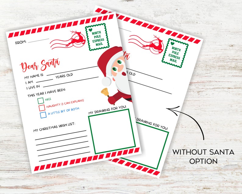Op de afbeelding: Een printbare kerstbrief aan de kerstman met een tekenruimte voor kinderen. De brief bevat een sectie voor de naam van het kind, zijn leeftijd en een plek om zijn kerst verlanglijstje te schrijven. De brief bevat ook een sectie waar het kind kan aangeven of het dit jaar braaf of stout is geweest. De brief is versierd met een rood-wit gestreepte rand en een groene en rode kerstman illustratie.