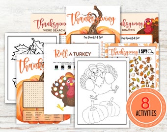 Printable Thanksgiving Activity Bundle, Thanksgiving Games for Kids, Roll a Turkey, Thankful Worksheets, Word Search, Coloring Pages, I Spy