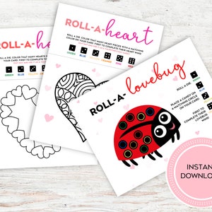 May include: Three printable Valentine's Day game cards featuring a heart, a ladybug, and the text "Roll-A-Heart", "Roll-A-Lovebug", and "Instant Download".