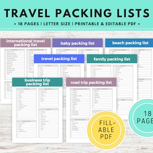 Puede incluir: Un conjunto de 18 listas de empaque para viajes imprimibles y editables en formato PDF. Las listas cubren varios tipos de viajes, incluyendo viajes internacionales, viajes para bebés, viajes a la playa, viajes en familia, viajes de negocios y viajes por carretera.