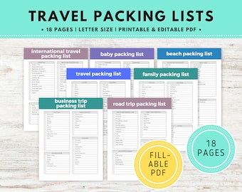 Travel Packing Lists PDF, Printable Packing Lists, Trip Packing Templates, Road Trip Packing Lists Printable, Fillable Packing Lists