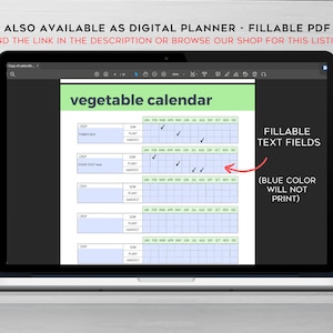 Op de afbeelding: Een digitale, afdrukbare groentetuinplanner met een groen en blauw kleurenschema. De planner bevat een kalender met de maanden van het jaar en secties voor zaaien, planten en oogsten. De tekst "INVULBARE TEXTVELDEN (BLAUW WORDT NIET AFGEDRUKT)" wordt aan de rechterkant van de afbeelding weergegeven.