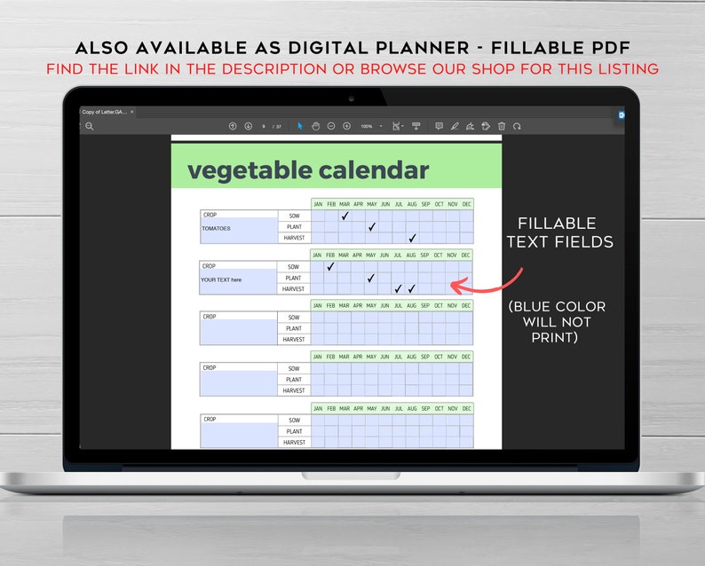 Op de afbeelding: Een digitale, afdrukbare groentetuinplanner met een groen en blauw kleurenschema. De planner bevat een kalender met de maanden van het jaar en secties voor zaaien, planten en oogsten. De tekst "INVULBARE TEXTVELDEN (BLAUW WORDT NIET AFGEDRUKT)" wordt aan de rechterkant van de afbeelding weergegeven.