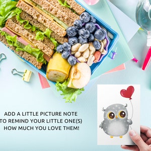 May include: A cute gray owl holding a red heart balloon. The owl has big eyes and a sweet expression. The card is perfect for adding a personal touch to a lunchbox or gift.