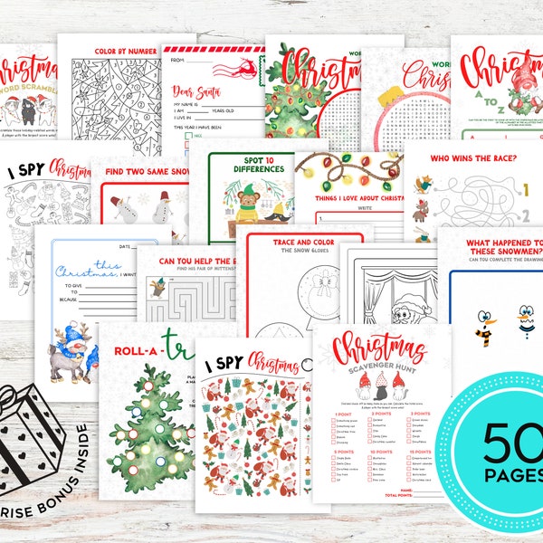 Christmas Games Activities Printable, Christmas Coloring, Letter to Santa, Scavenger Hunt, Word Search, Mazes, I Spy Christmas, Roll a Tree