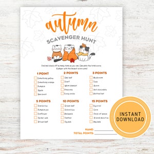 Könnte beinhalten: Ein druckbares Herbst-Schnitzeljagd-Spiel mit einer Liste von Gegenständen, die es zu finden gilt, wie z. B. einen Kürbis, eine Eichel und ein Eichhörnchen. Das Spiel zeigt niedliche Illustrationen von Katzen in Herbstkleidung. Der Text "Sofort herunterladen" befindet sich in einem Kreis unten rechts.