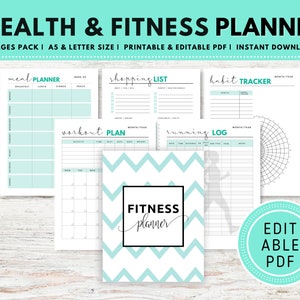 May include: A printable and editable PDF health and fitness planner with five pages. The planner includes a meal planner, shopping list, habit tracker, workout plan, and running log. The cover page features a chevron pattern in teal and white with the text "Fitness Planner".