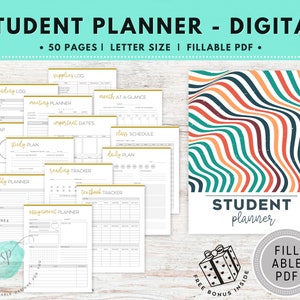 May include: A digital student planner with 50 pages, letter size, and fillable PDF format. The planner includes pages for reading logs, meeting planners, monthly at-a-glance calendars, mind maps, study plans, weekly planners, reading trackers, textbook trackers, assignment planners, important dates, class schedules, and daily plans. The cover features a colorful abstract design with wavy lines in shades of orange, red, green, and blue.