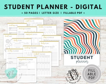 May include: A digital student planner with 50 pages, letter size, and fillable PDF format. The planner includes pages for reading logs, meeting planners, monthly at-a-glance calendars, mind maps, study plans, weekly planners, reading trackers, textbook trackers, assignment planners, important dates, class schedules, and daily plans. The cover features a colorful abstract design with wavy lines in shades of orange, red, green, and blue.
