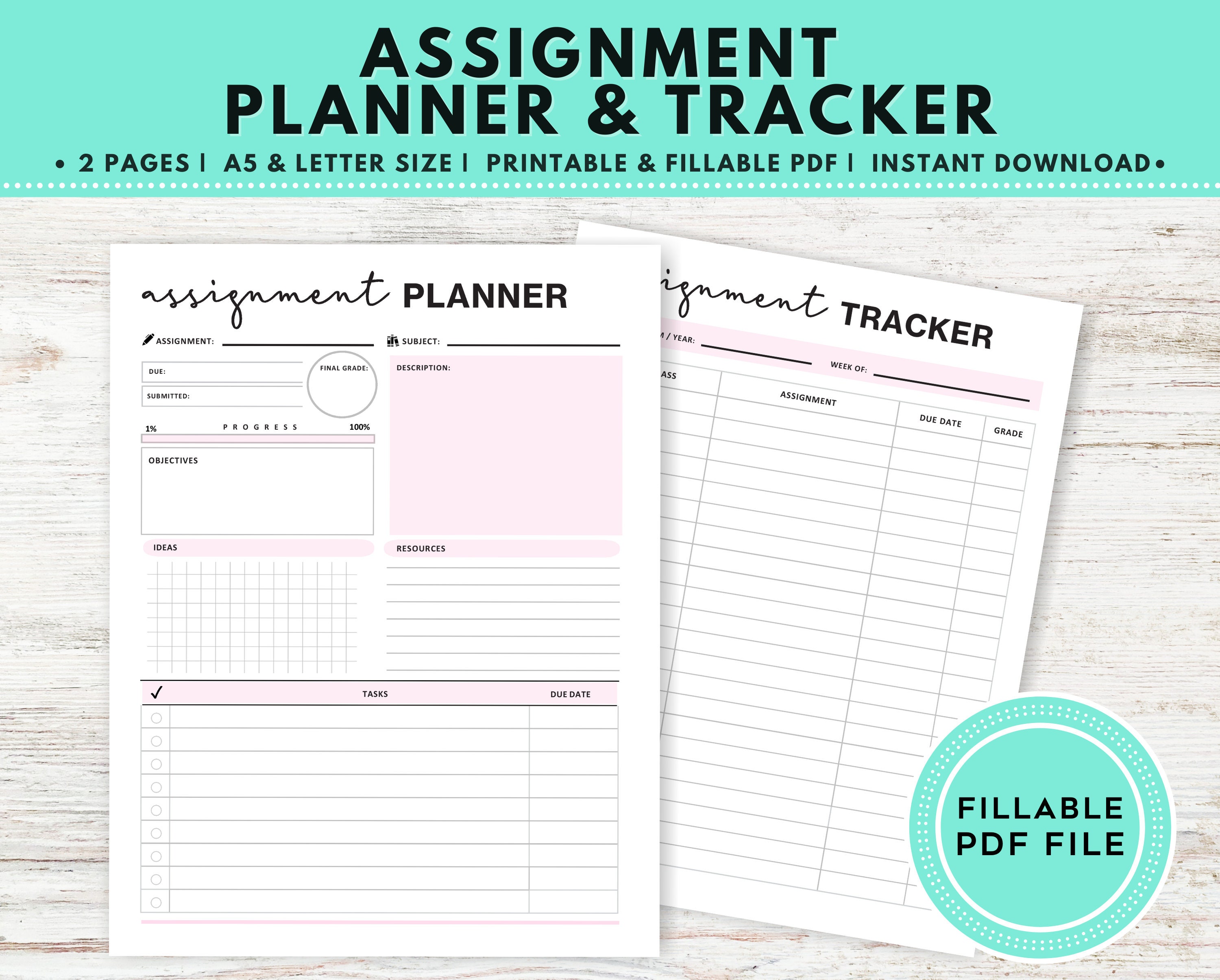 Homework Planner Editable, Instant Download Fillable PDF