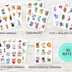 May include: A set of 90 printable stickers featuring cute and funny animal illustrations. The stickers are divided into five categories: Funny Animals, Cars/Trucks, Cute + Realistic Dinos, Cute Baby Animals, and Miscellaneous/Seasonal.