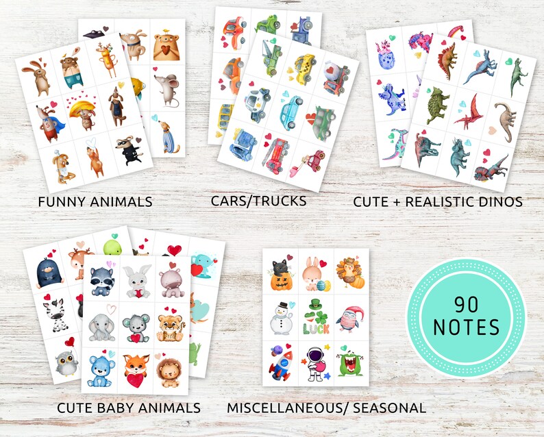 May include: A set of 90 printable stickers featuring cute and funny animal illustrations. The stickers are divided into five categories: Funny Animals, Cars/Trucks, Cute + Realistic Dinos, Cute Baby Animals, and Miscellaneous/Seasonal.