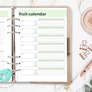 Op de afbeelding: Een printbare fruitkalenderplanner in een lichtgroen en beige kleurenschema. De kalender is ontworpen voor een standaardgrote map en bevat een sectie voor elke maand van het jaar. De kalender heeft kolommen voor de teelt, het zaaien, het planten en de oogstdata.