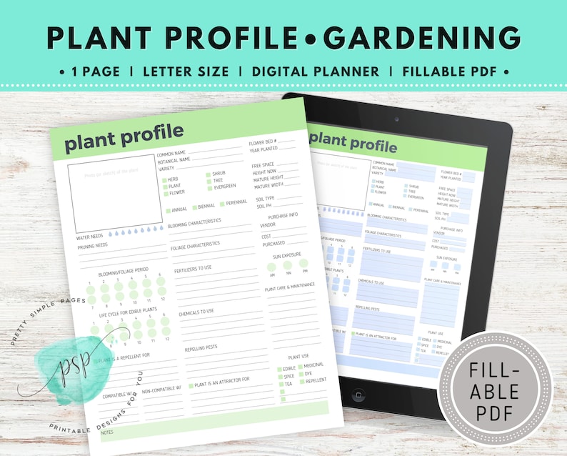 May include: A printable plant profile page in a digital planner format. The page is light blue with green accents and includes sections for common name, botanical name, variety, water needs, pruning needs, blooming/foliage period, life cycle for edible plants, plant use, and more.