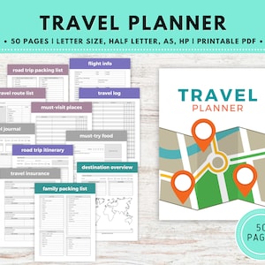 Könnte beinhalten: Ein druckbarer Reiseplaner mit 50 Seiten. Das Cover zeigt eine Karte mit drei orangefarbenen Pins und dem Text "TRAVEL PLANNER".