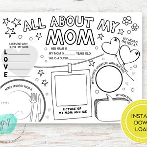 Todo sobre mi mamá imprimible, artesanía del día de la madre, página para colorear del día de la madre, regalo para mamá de los niños, regalo de los niños para la abuela, abuela, nana