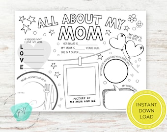 All About My Mom Printable, Mother's Day Craft, Mother's Day Coloring Page, Gift for Mom from Kids, Kids Gift for Grandma, Grandmother, Nana