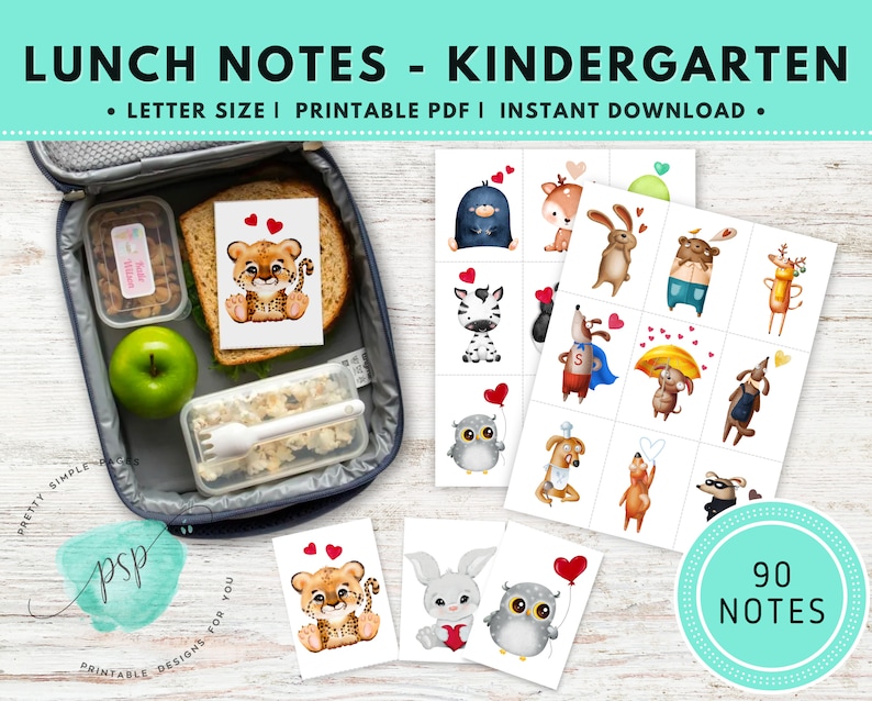 May include: Printable lunch notes for kindergarten featuring 90 different animal illustrations. The notes are letter-sized and come in a PDF format. The image shows a lunchbox with a sandwich, apple, and popcorn, along with a few of the notes.