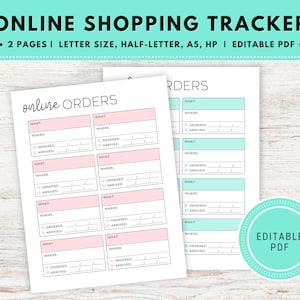 May include: Printable online shopping tracker with two pages. The tracker has sections for what was ordered, where it was ordered from, when it was ordered, and when it arrived. The tracker is in pink and green.