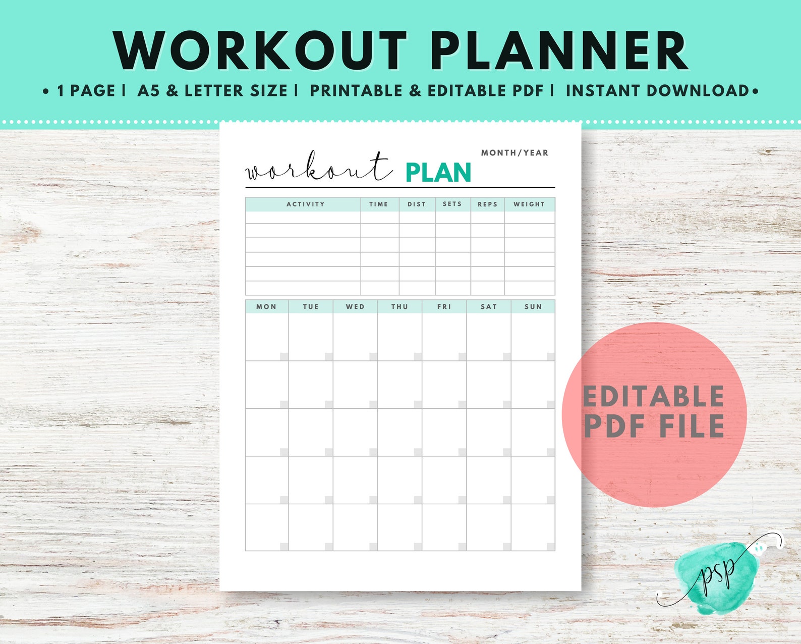Workout Fitness Planner Printable and Editable PDF Fillable | Etsy