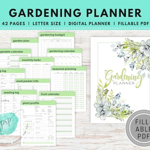 Könnte beinhalten: Ein druckbarer Gartenplaner mit 42 Seiten. Der Planer enthält Abschnitte für einen Gartenplan, einen Gemüsekalender, monatliche Aufgaben, ein Schneideprotokoll, Informationen zu Saatgutpaketen, ein Säprotokoll, saisonale Pflanzungen, einen Obstkalender und ein Pflanzenprofil. Das Cover zeigt eine Aquarell-Illustration von Blumen und Blättern.