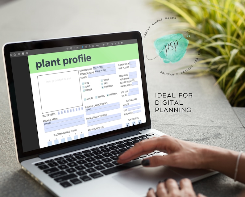 May include: A digital plant profile template on a laptop computer screen. The template includes fields for common name, botanical name, variety, plant type, blooming characteristics, foliage characteristics, and more.