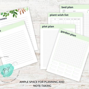 Op de afbeelding: Printbare tuinplanningspagina's met secties voor notities, een plantenwenslijst, een bedplan, een plattegrond en een tuinplan. De pagina's hebben een groen-wit kleurenschema.