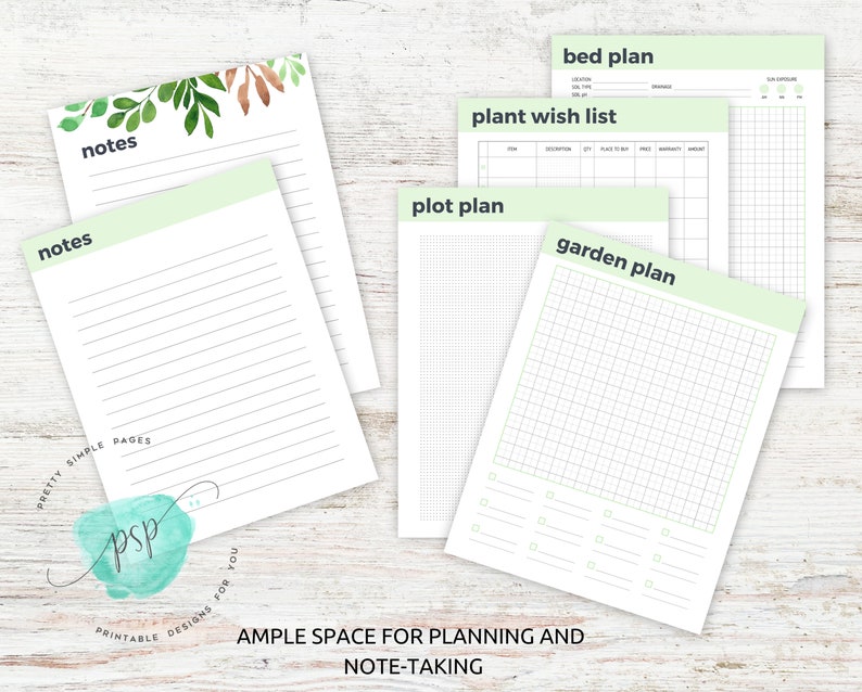 Op de afbeelding: Printbare tuinplanningspagina's met secties voor notities, een plantenwenslijst, een bedplan, een plattegrond en een tuinplan. De pagina's hebben een groen-wit kleurenschema.