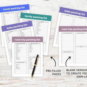 May include: Five printable packing lists for travel, family, baby, and road trips. The lists are pre-filled with common items and also include blank versions to create your own list.