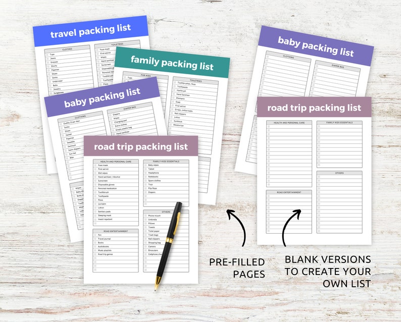 May include: Five printable packing lists for travel, family, baby, and road trips. The lists are pre-filled with common items and also include blank versions to create your own list.