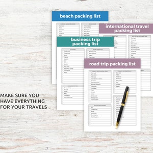 May include: Four printable packing lists for different types of travel: beach, business, international, and road trip. Each list is on a separate sheet of paper with a light grey background and black text. The lists are titled with a light blue, teal, purple, and pink background, respectively. The text "MAKE SURE YOU HAVE EVERYTHING FOR YOUR TRAVELS" is printed in black at the bottom of the image.