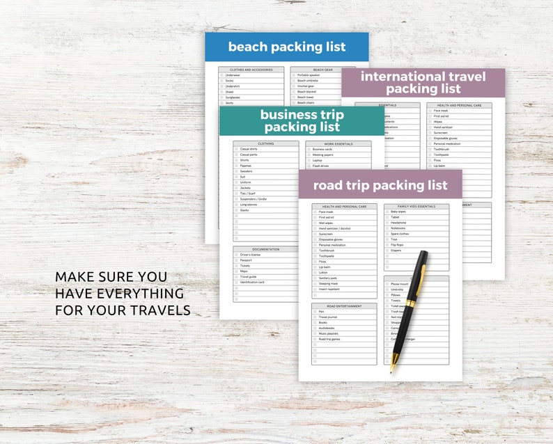 May include: Four printable packing lists for different types of travel: beach, business, international, and road trip. Each list is on a separate sheet of paper with a light grey background and black text. The lists are titled with a light blue, teal, purple, and pink background, respectively. The text "MAKE SURE YOU HAVE EVERYTHING FOR YOUR TRAVELS" is printed in black at the bottom of the image.
