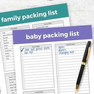 May include: A printable checklist for packing for a baby. The checklist includes sections for clothing, diaper bag, and toiletries. The checklist has checkboxes next to each item. The checklist is titled "baby packing list".