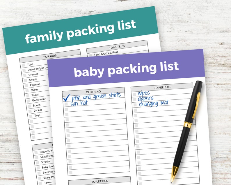 May include: A printable checklist for packing for a baby. The checklist includes sections for clothing, diaper bag, and toiletries. The checklist has checkboxes next to each item. The checklist is titled "baby packing list".