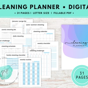 May include: A digital cleaning planner with 31 pages, including a yearly cleaning list, daily cleaning schedule, declutter challenge, cleaning calendar, weekly checklist, and weekly routine. The planner is designed in a light blue and white color scheme with a gradient background.