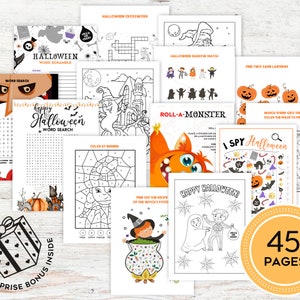 Halloween Games Activities Printable, Halloween Coloring Pages, Halloween Worksheet, Word Search, Crossword, Mazes, I Spy Halloween