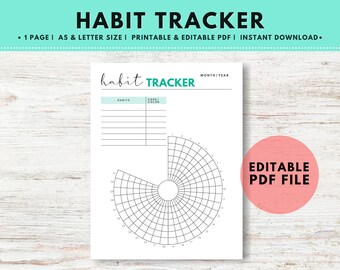 Habit Tracker Printable and Editable PDF, Monthly Daily Habit Chart Log, Habit Builder, List, A5 and Letter Size