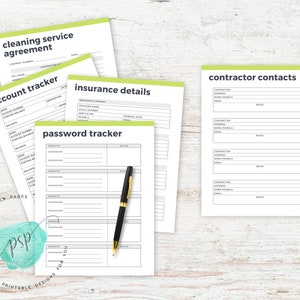 K&ouml;nnte beinhalten: Druckbare Formulare zur Organisation von Reinigungsdienstvertr&auml;gen, Kontoverfolgung, Versicherungsdetails, Passwortverwaltung und Kontaktinformationen von Auftragnehmern. Die Formulare haben ein gr&uuml;n-wei&szlig;es Farbschema.