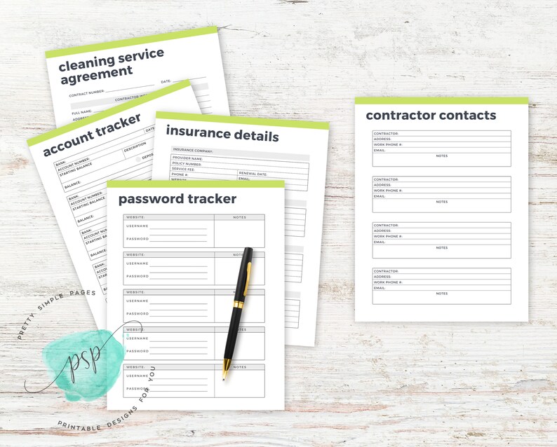 K&ouml;nnte beinhalten: Druckbare Formulare zur Organisation von Reinigungsdienstvertr&auml;gen, Kontoverfolgung, Versicherungsdetails, Passwortverwaltung und Kontaktinformationen von Auftragnehmern. Die Formulare haben ein gr&uuml;n-wei&szlig;es Farbschema.