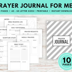 Può includere: Un diario di preghiera stampabile con una copertina a righe grigie e bianche. La copertina presenta il testo "Prayer Journal" e un cerchio con il testo "10 Pages". Il diario include pagine per appunti, registro di lettura della Bibbia, meditazione quotidiana, richieste di preghiera, studio delle Scritture, preghiere settimanali e studio biblico.