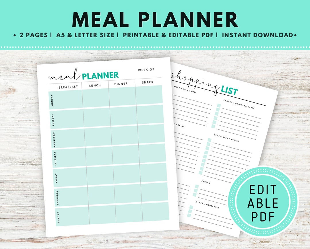 Meal Planner Printable and Editable PDF, Weekly Meal Chart, Grocery ...