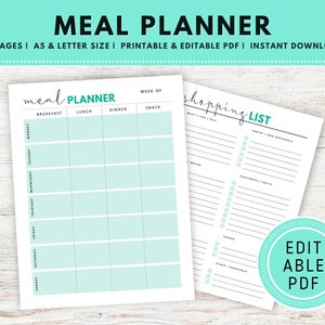 Puede incluir: Plantilla de planificador de comidas y lista de compras imprimible. El planificador tiene un fondo azul claro y está dividido en secciones para el desayuno, el almuerzo, la cena y los refrigerios. La lista de compras está en un fondo blanco y tiene secciones para carne, productos, lácteos y otros comestibles. El texto "EDITABLE PDF" está en un círculo con un fondo azul claro.