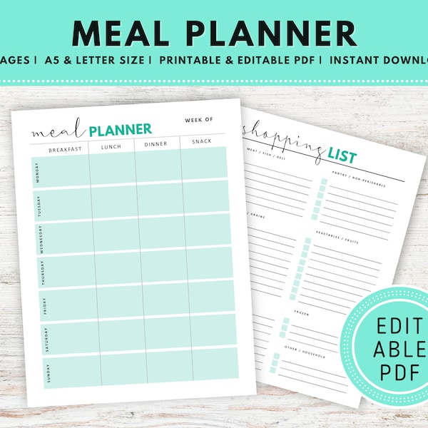 Meal Planner Printable and Editable PDF, Weekly Meal Chart, Grocery Shopping List, Weekly Menu, Fillable PDF, A5 and US Letter Size