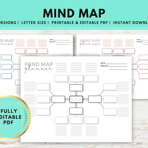 Mind Map Printable and Editable PDF, Idea Board, Mind Map Template, Idea Diagram, Brainstorm Printable, Mind Map Planner