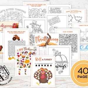 Pode incluir: Um conjunto de 40 páginas de atividades de Ação de Graças imprimíveis para crianças. As páginas incluem páginas para colorir, conectar os pontos, labirintos, caça-palavras e muito mais. As páginas são em preto e branco com um esquema de cores marrom e laranja.