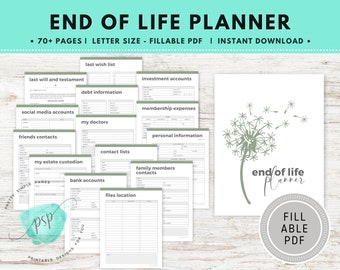 Fillable End of Life Planner,  Beneficiary Info, Last Wishes Planner, Estate Planning Binder, Emergency Planner Binder, Will Preparation