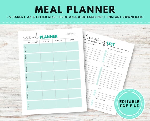 meal planner printable and editable pdf weekly meal chart etsy
