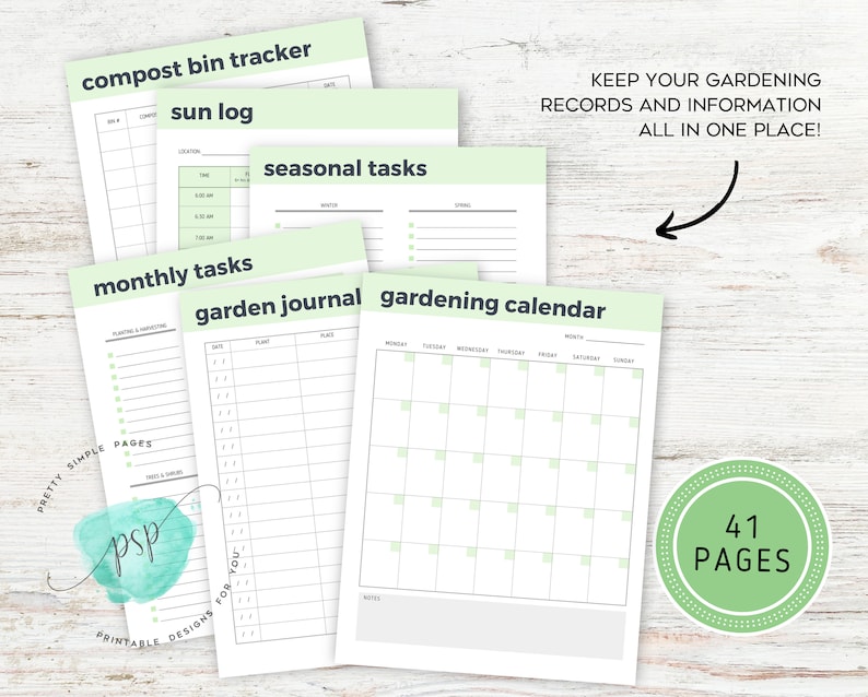 Op de afbeelding: Printbare tuinplanner met 41 pagina's. De planner bevat een compostbaktracker, een zonlogboek, seizoensgebonden taken, maandelijkse taken, een tuindagboek en een tuinkalender.