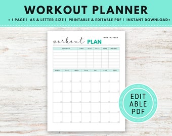 Workout Fitness Planner Printable and Editable PDF, Fillable Exercise Chart Schedule Log Template, A5 and Letter Size