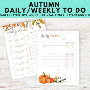 May include: Printable autumn-themed daily and weekly to-do list with a watercolor illustration of fall leaves and pumpkins. The weekly to-do list has space for Monday through Sunday, and the daily to-do list has space for a priority list, other tasks, and notes.